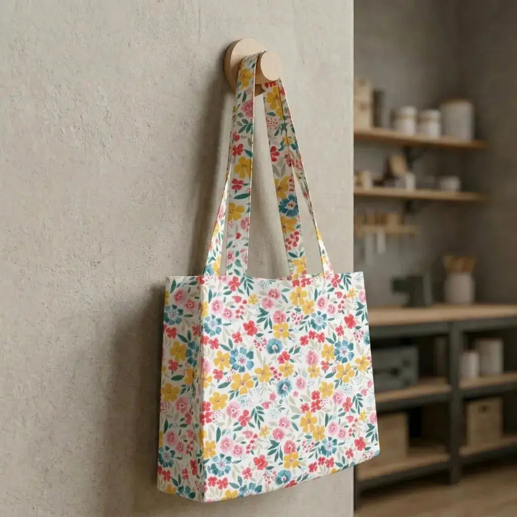 grand sac de plage en coton enduit fleuri suspendu sur patère en bois