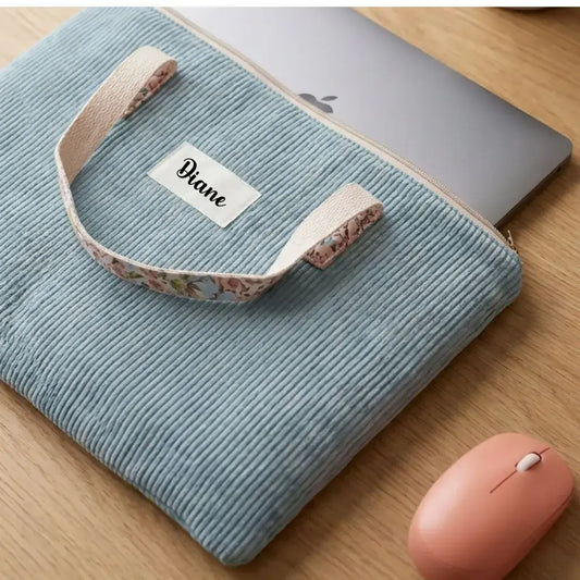 housse ordinateur portable personnalisée bleu clair en velours côtelé avec poignée et fermeture zip