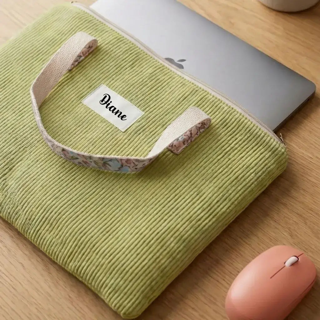 housse ordinateur portable vert anis en velours côtelé personnalisée avec poignée et fermeture zip