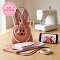 Kit couture sac lapin en nid d’abeille marsala à oreilles fleuries, pièces découpées et cordon coton