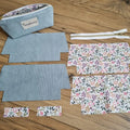 Image montrant un kit prêt-à-coudre pour trousse d’école personnalisée en velours côtelé bleu clair. Sont disposées à plat les différentes pièces : deux rectangles en velours, quatre en coton enduit à motifs fleuris, une fermeture éclair blanche et dorée, ainsi qu'une trousse finie avec doublure assortie et étiquette “Constance” cousue à l’avant. Idéal pour la couture DIY d’une trousse zippée avec doublure et personnalisation.