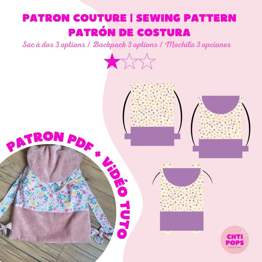 Patron de couture - Sac à dos pochon pour enfant 3 options de finition avec tuto vidéo