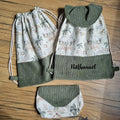 Ensemble d’accessoires cousus main pour enfant avec tissu imprimé jungle et velours côtelé vert : sac à dos personnalisé au prénom Nathanaël, pochon à cordon et petite pochette assortie. Idéal pour la maternelle, les sorties ou les cadeaux personnalisés.