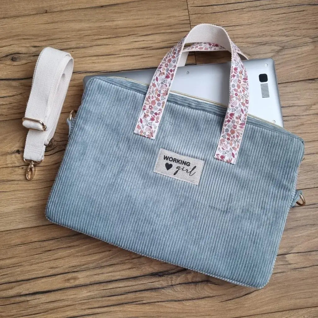 Sacoche à bandoulière pour ordinateur portable en velours côtelé personnalisable Bleu clair pouces