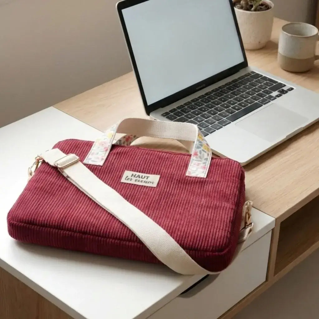 sacoche ordinateur velours côtelé lie de vin avec bandoulière posée sur bureau près ordinateur