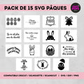 pack 15 fichiers SVG Pâques avec motifs lapin œufs textes pour découpe Cricut et Silhouette