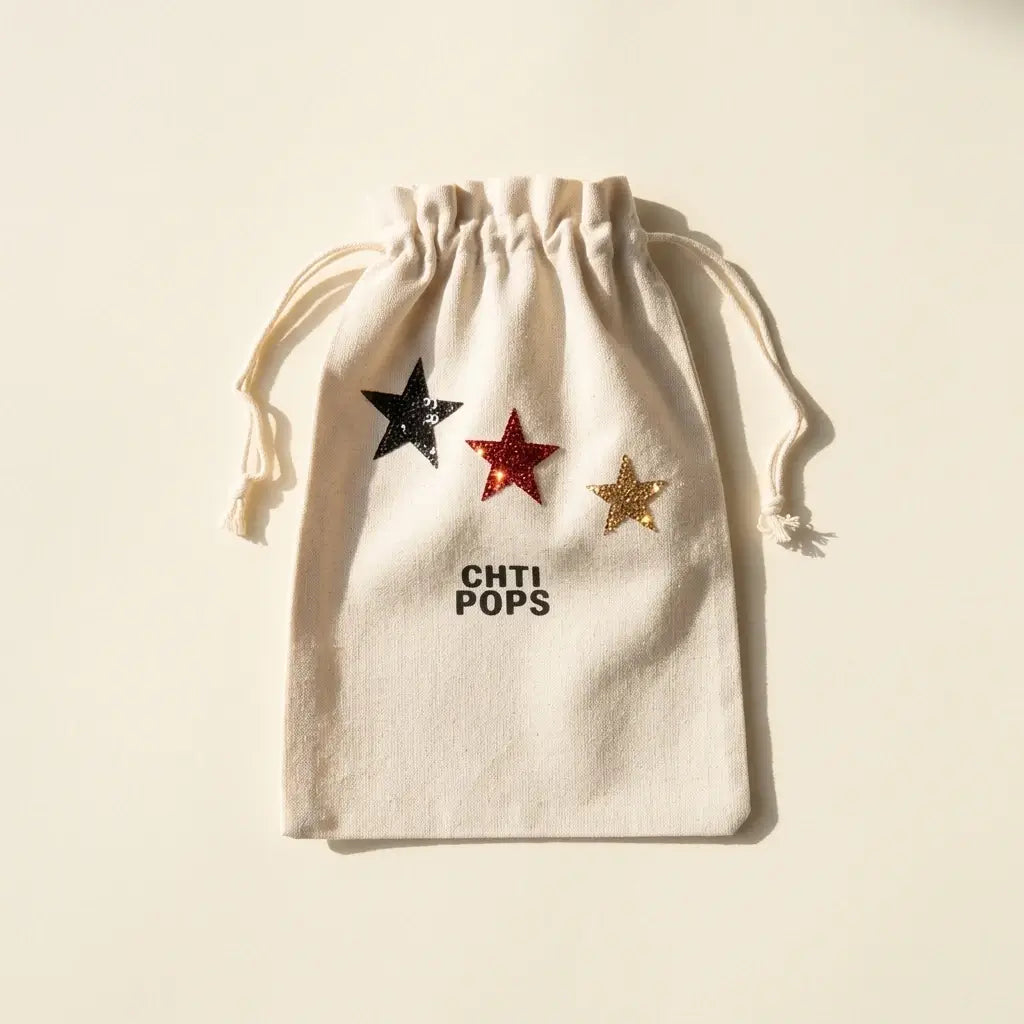 Pochon en toile écrue à cordons de serrage, orné de trois étoiles pailletées noire, rouge et dorée, vu de face