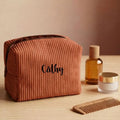 trousse maquillage velours côtelé terracotta personnalisée avec prénom