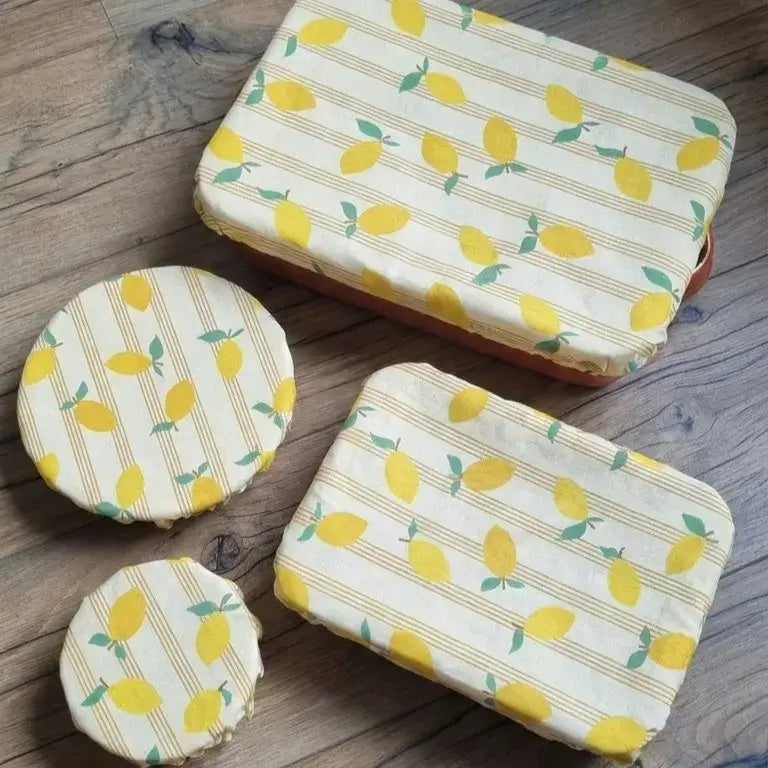 lot de charlottes couvre-plat réutilisables en coton enduit motif citrons pour conservation alimentaire