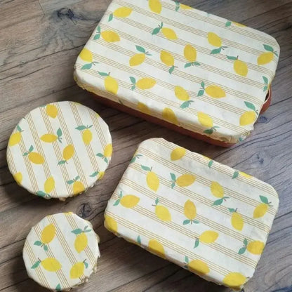 lot de charlottes couvre-plat réutilisables en coton enduit motif citrons pour conservation alimentaire