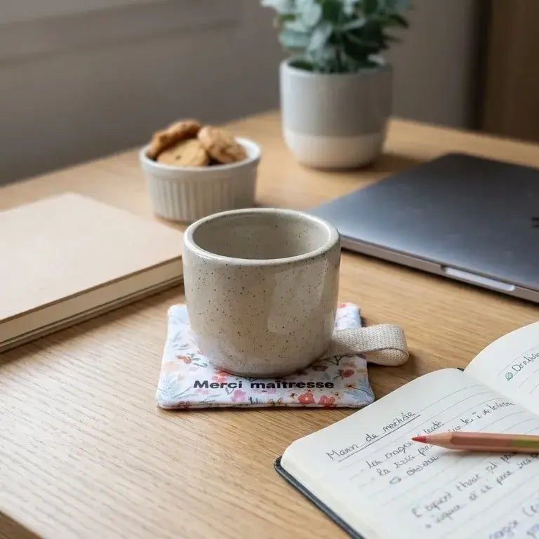 dessous de tasse personnalisé Merci maîtresse en tissu fleuri avec mug sur bureau