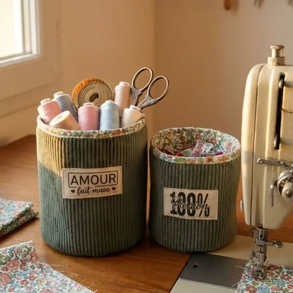 Duo de panières rondes en velours côtelé pour rangement couture avec fils, ciseaux et accessoires