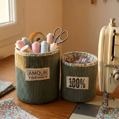 Duo de panières rondes en velours côtelé pour rangement couture avec fils, ciseaux et accessoires