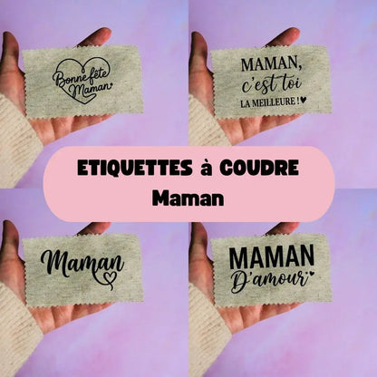 ot étiquettes à coudre thème maman en tissu beige avec textes variés noirs faits main