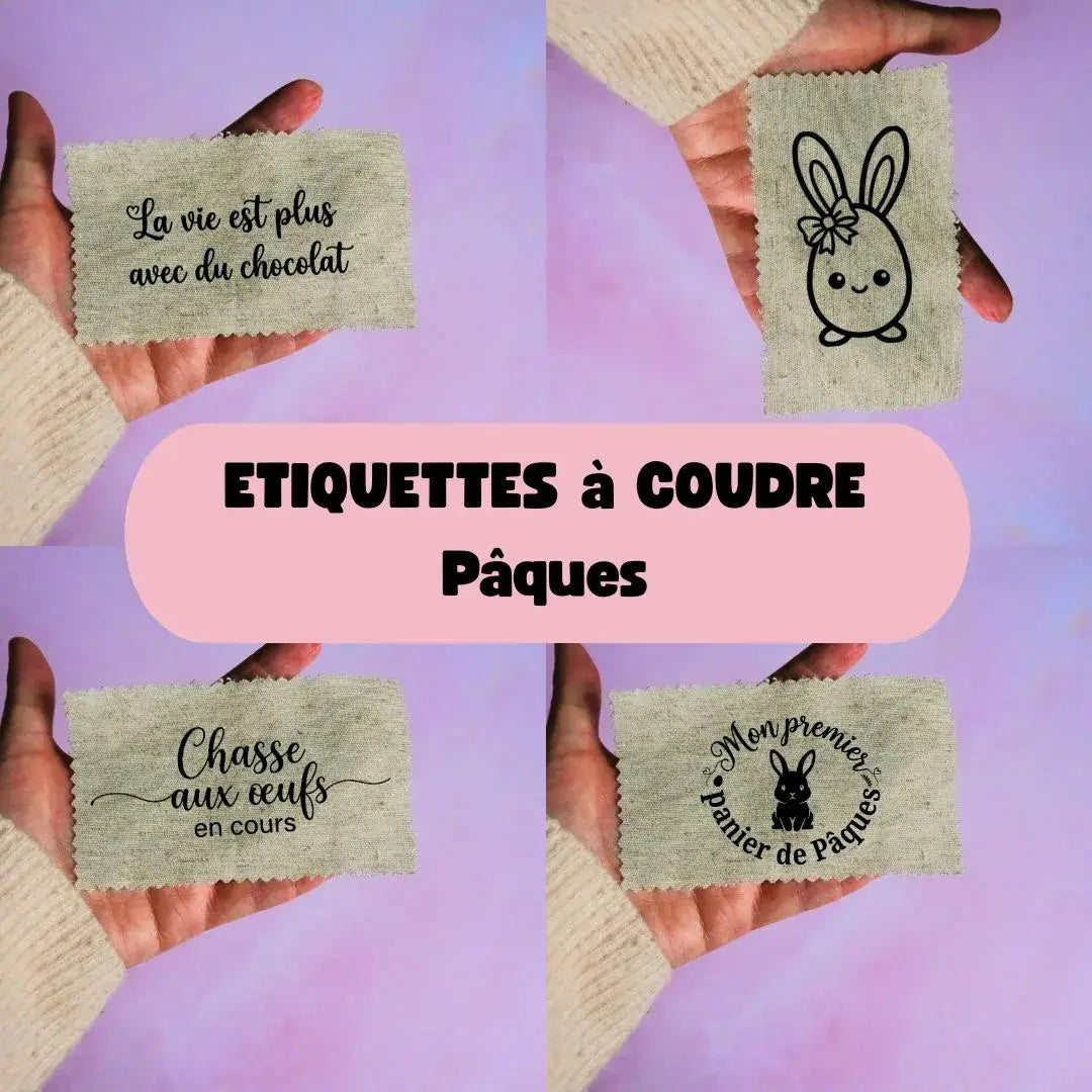 étiquettes à coudre Pâques tissu beige avec textes et motifs lapin, créations textiles personnalisées