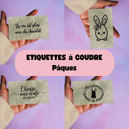 étiquettes à coudre Pâques tissu beige avec textes et motifs lapin, créations textiles personnalisées