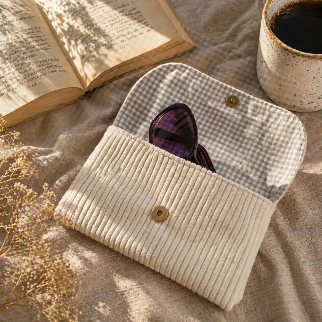 pochette lunettes en velours côtelé écru avec intérieur vichy beige et bouton pression aimanté