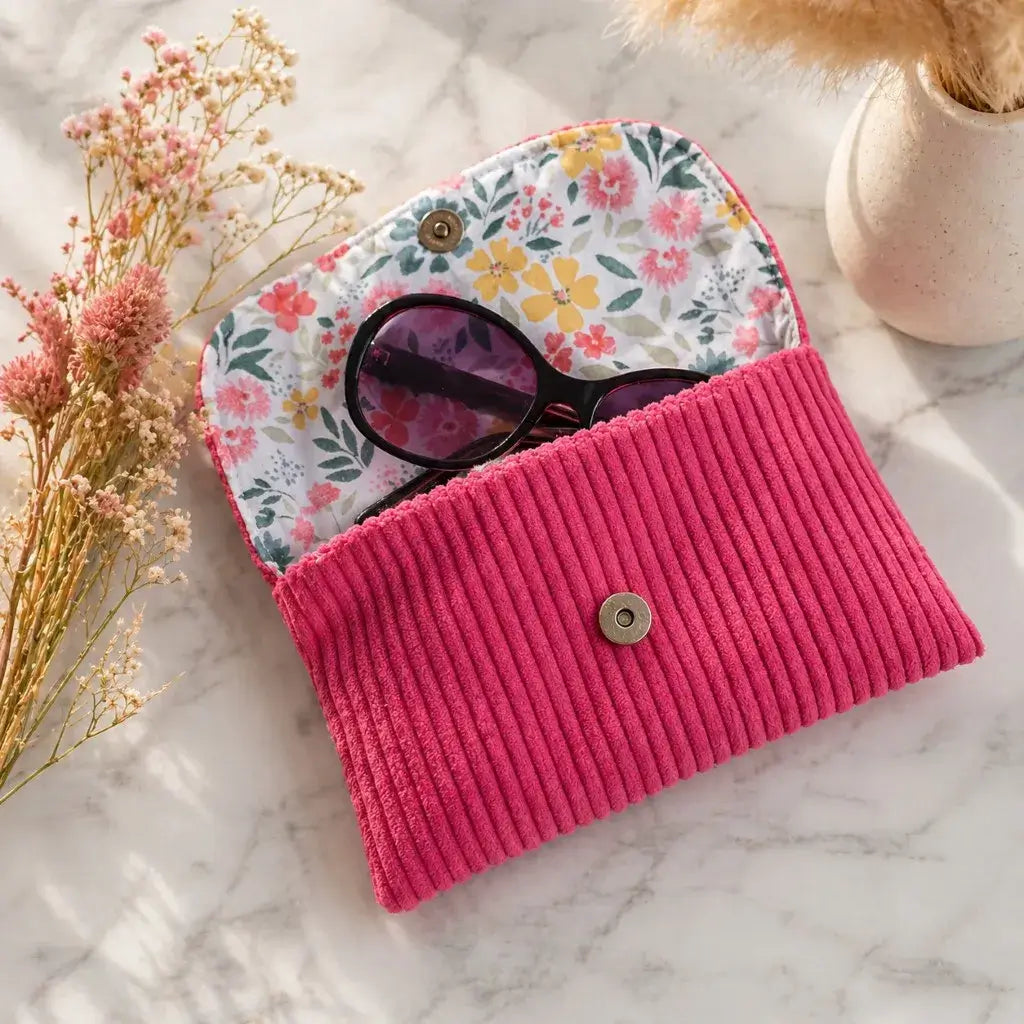 étui à lunettes rose framboise en velours côtelé avec doublure fleurie et fermeture magnétique