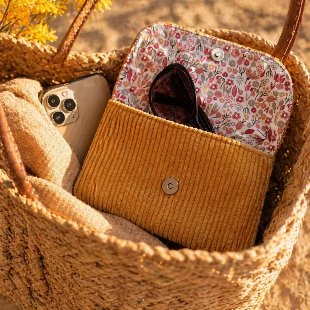 pochette à lunettes jaune moutarde en velours côtelé avec intérieur fleuri et bouton aimanté