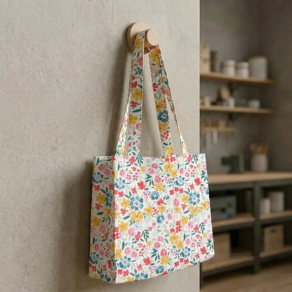 grand sac de plage en coton enduit fleuri suspendu sur patère en bois