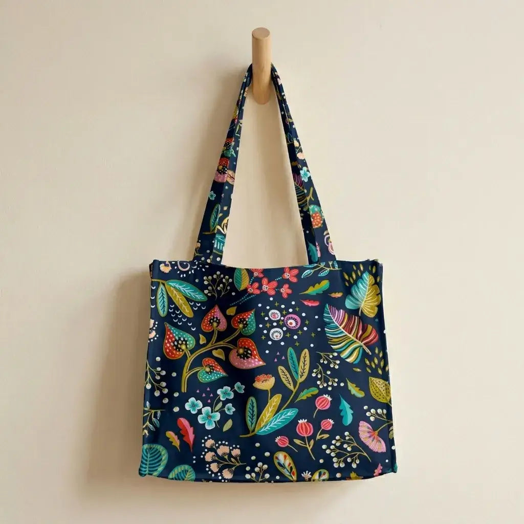 grand sac de plage en coton enduit sombre à motif floral coloré