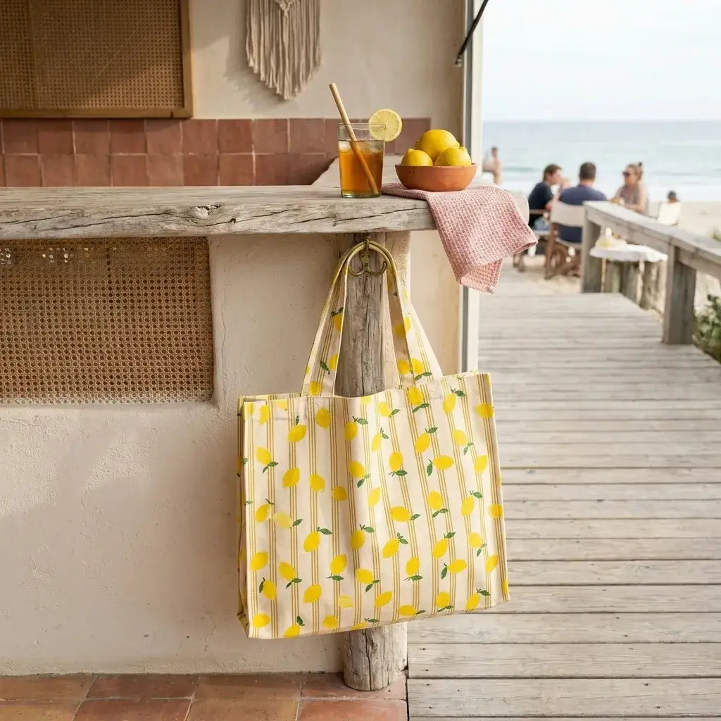grand sac de plage coton enduit motif citron suspendu avec anses longues et format cabas XL