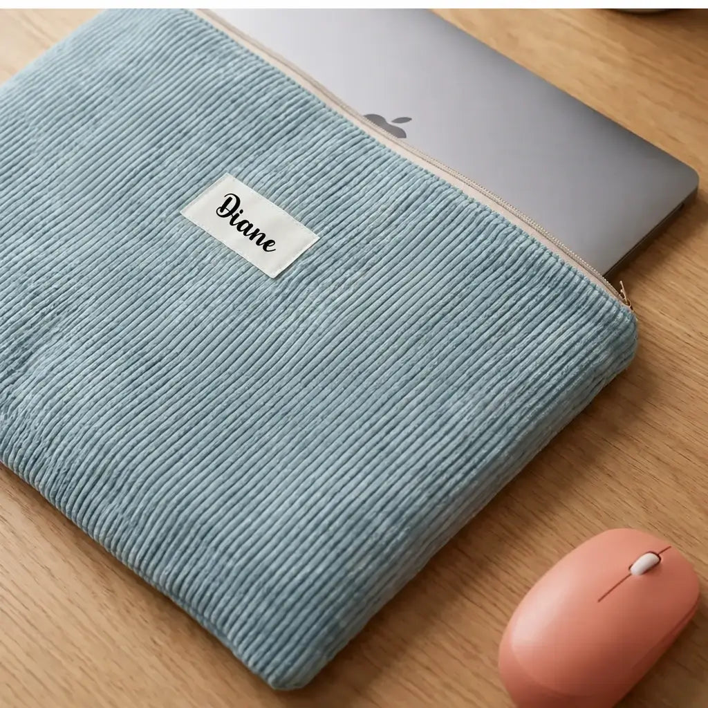 Housse d'ordinateur portable bleu clair en velours côtelé, étiquette Diane et fermeture zippée écrue
