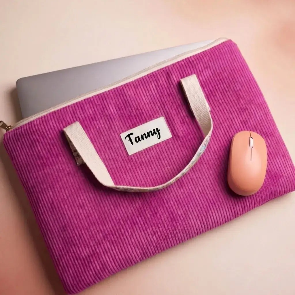 housse ordinateur portable magenta en velours côtelé personnalisée avec poignée et zip