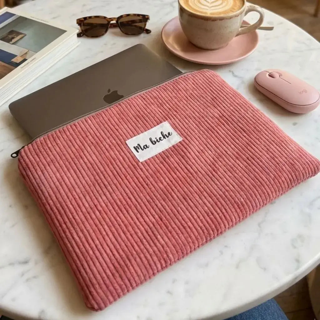 housse ordinateur portable terracotta en velours côtelé personnalisée sans poignée