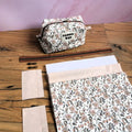 Kit couture complet pour réaliser une trousse carrée à motif fleuri, comprenant tissu imprimé, zip marron, curseurs métalliques et pièces de renfort. Le modèle fini, orné d’une étiquette “Happy Day”, illustre le rendu final du projet DIY. Idéal pour les passionnés de couture souhaitant créer une trousse personnalisée unique, pratique et élégante, parfaite pour ranger maquillage, accessoires ou fournitures.