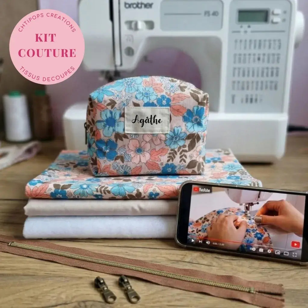 kit couture trousse maquillage tissu fleuri avec fermeture éclair, doublure et accessoires couture