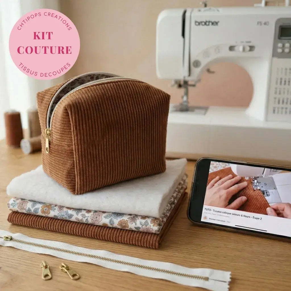 kit couture trousse maquillage velours côtelé marron avec tissus, fermeture éclair et accessoires