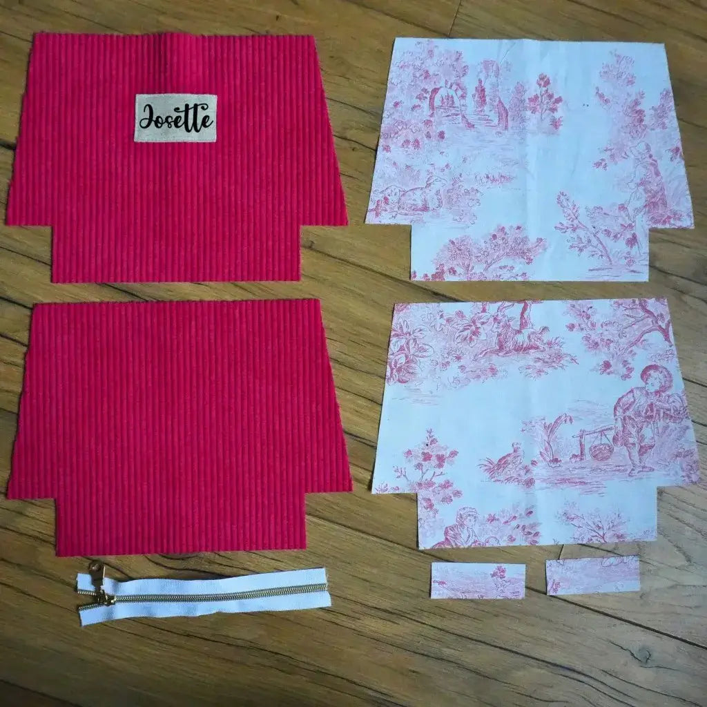 Kit couture trousse rose : velours côtelé framboise, doublure toile de Jouy, zip blanc et étiquette Josette sur bois.