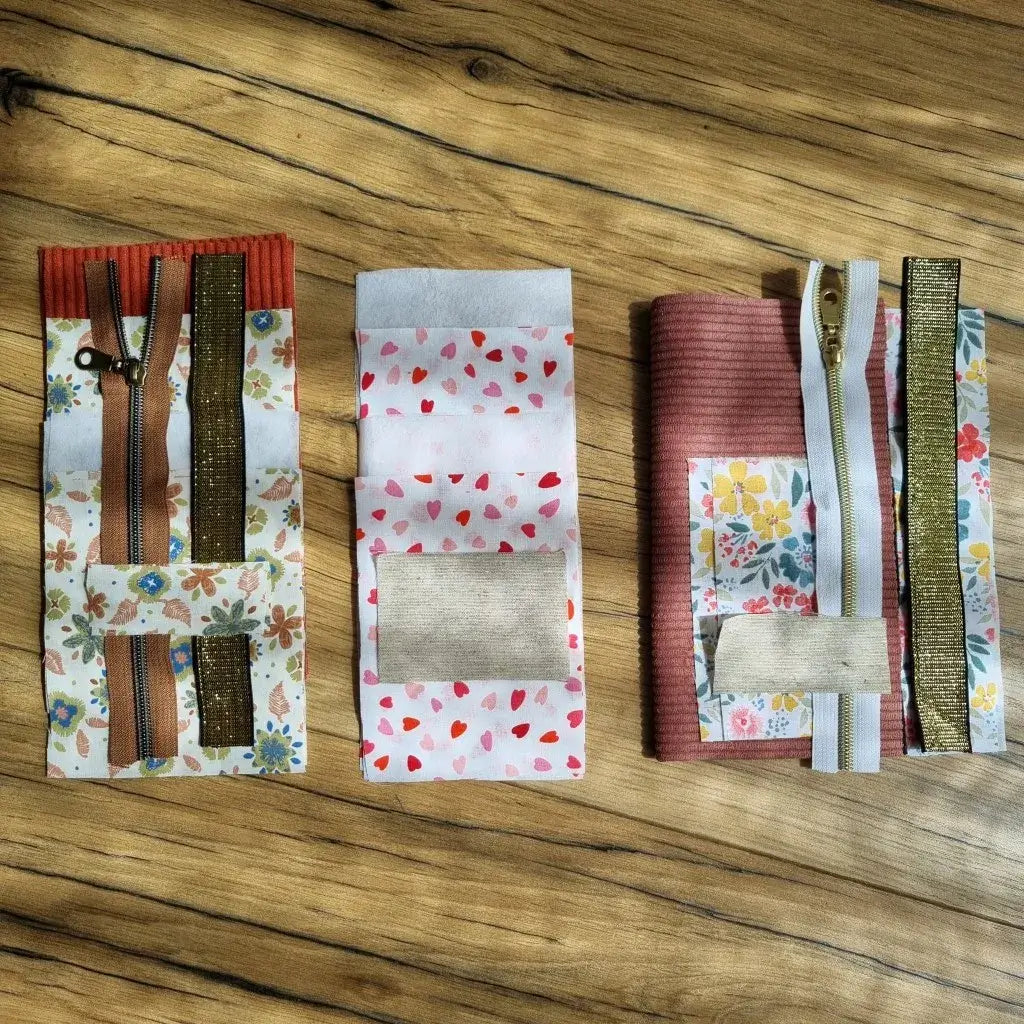 Kit prêt-à-coudre de trois modèles de trousses élastiques plates pour carnet A5 – pièces de tissu prédécoupées, fermetures éclair et élastiques assortis, à coudre soi-même pour créer des accessoires personnalisés.