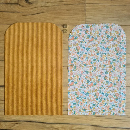 Kit "prêt à coudre" pour une pochette aimantée en velours côtelé au coloris jaune avec une doublure en tissu à motif oiseaux et fleurs. L'ensemble des pièces de tissu, déjà prédécoupées aux bonnes dimensions, sont disposées au sol. A gauche, une pièce en velours côtelé jaune. A droite, une pièce en tissu imprimé à motif oiseaux et fleurs. Entre les deux, les 2 pièces composant un bouton aimanté.