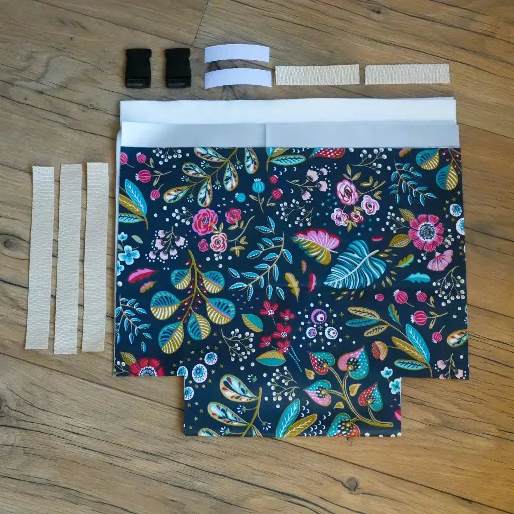 Kit couture sac repas isotherme DIY motif nuit fleurie avec tissus, isolant et boucles clips