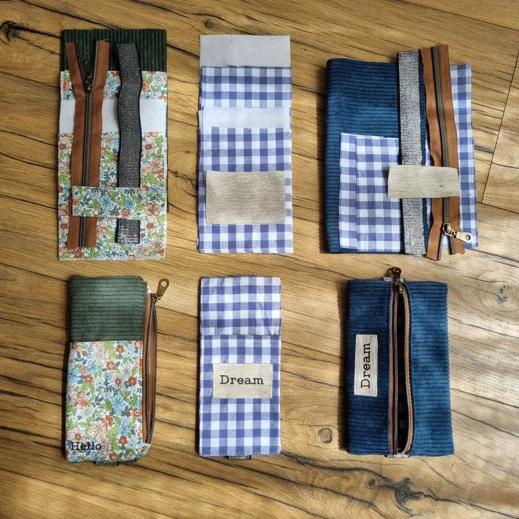 Kit prêt-à-coudre pour créer 3 trousses élastiques personnalisées pour carnet A5 – tissus prédécoupés, fermetures éclair et élastiques inclus, pour réaliser soi-même une trousse zippée, une housse élastique et un étui à stylos pour carnet A5.
