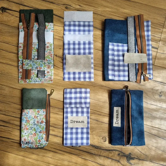 Kit prêt-à-coudre pour créer 3 trousses élastiques personnalisées pour carnet A5 – tissus prédécoupés, fermetures éclair et élastiques inclus, pour réaliser soi-même une trousse zippée, une housse élastique et un étui à stylos pour carnet A5.