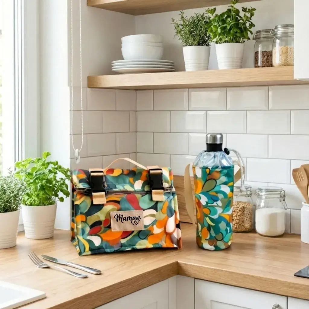 lunch bag isotherme motif abstrait coloré avec porte gourde assorti sur plan de travail cuisine