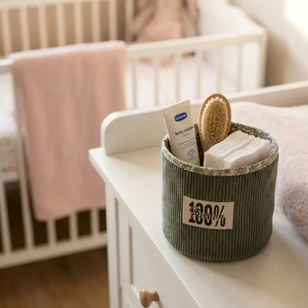 Panier de rangement rond en velours côtelé dans chambre de bébé pour organiser produits de soin
