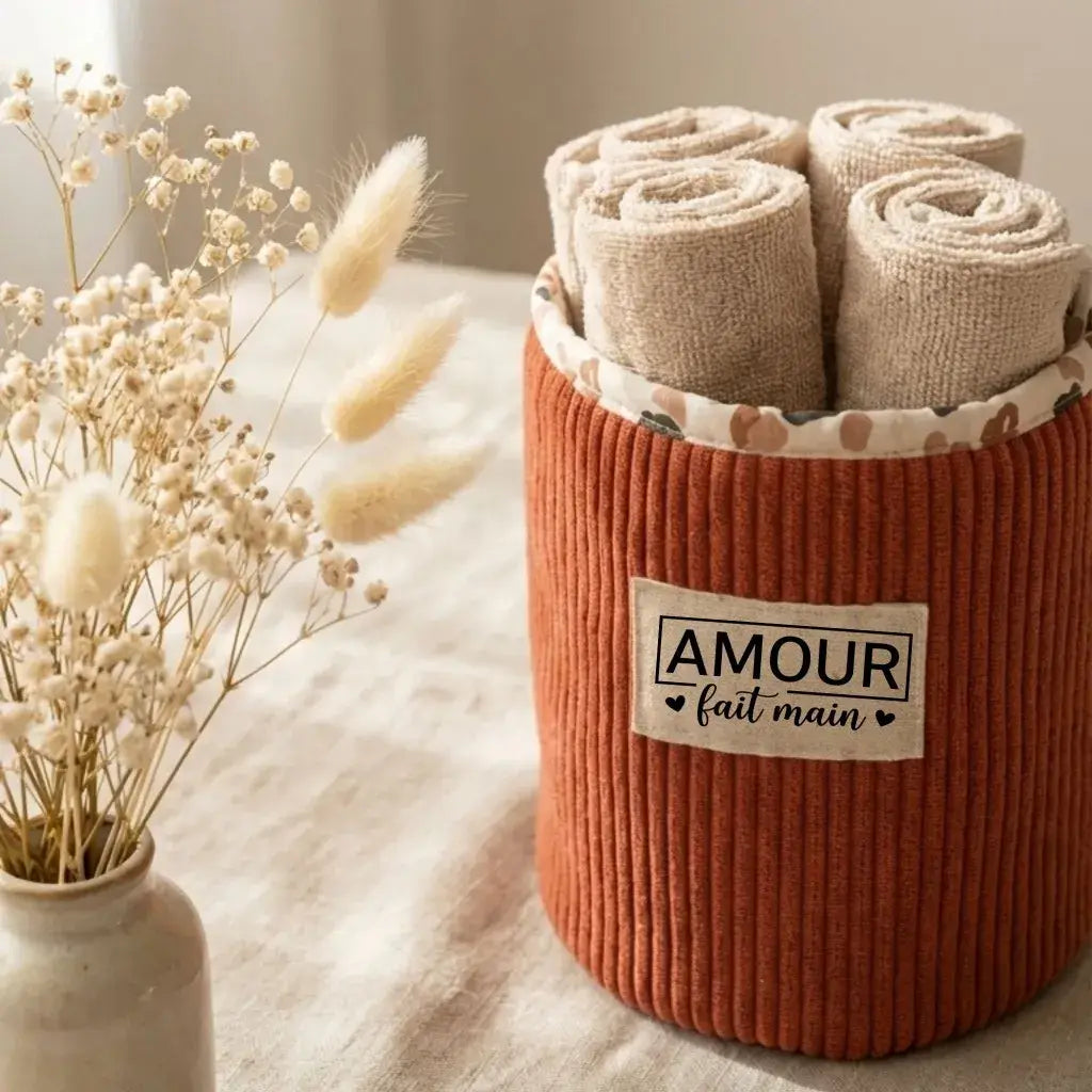 Panière ronde semi-rigide en velours côtelé pour ranger serviettes et accessoires déco