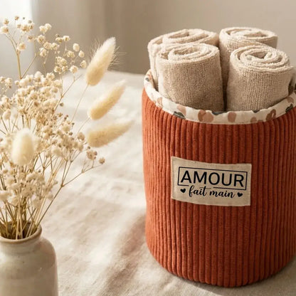 Panière ronde semi-rigide en velours côtelé pour ranger serviettes et accessoires déco
