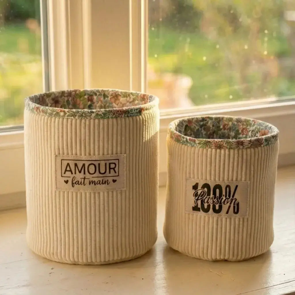 Panier de rangement velours côtelé personnalisé écru doublure fleurie et patchs 'AMOUR fait main' et '100% Passion'.
