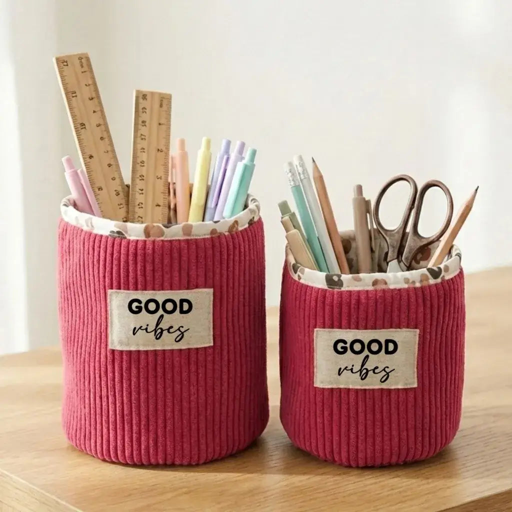 Panière de rangement en velours côtelé framboise personnalisée pour crayons, ciseaux et accessoires de bureau