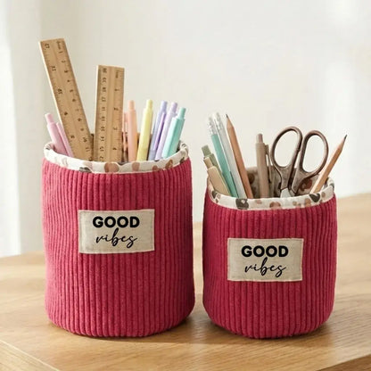 Panière de rangement en velours côtelé framboise personnalisée pour crayons, ciseaux et accessoires de bureau