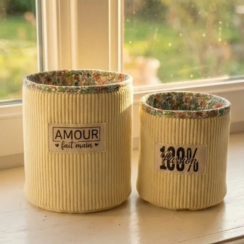 Panier de rangement rond en velours côtelé jaune pâle personnalisable pour organiser maquillage et objets du quotidien
