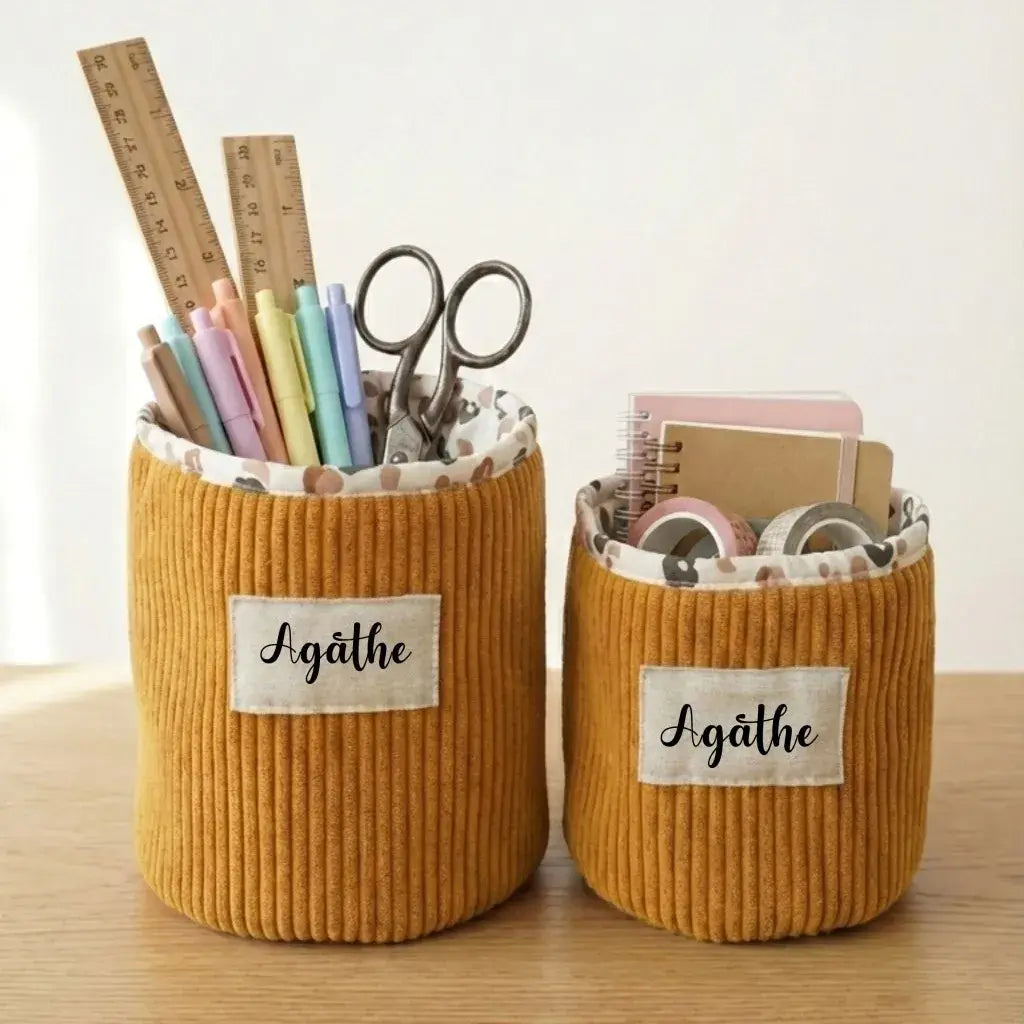 Panière ronde en velours côtelé jaune personnalisée pour rangement bureau, papeterie et accessoires créatifs