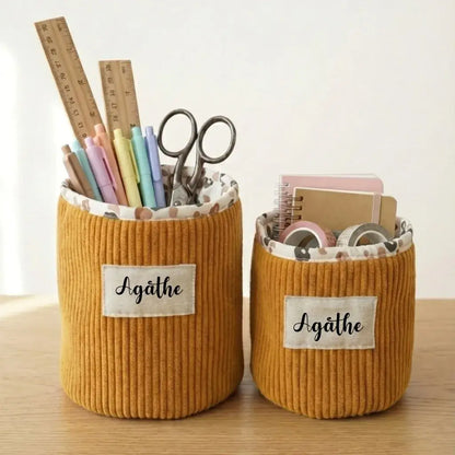 Panière ronde en velours côtelé jaune personnalisée pour rangement bureau, papeterie et accessoires créatifs