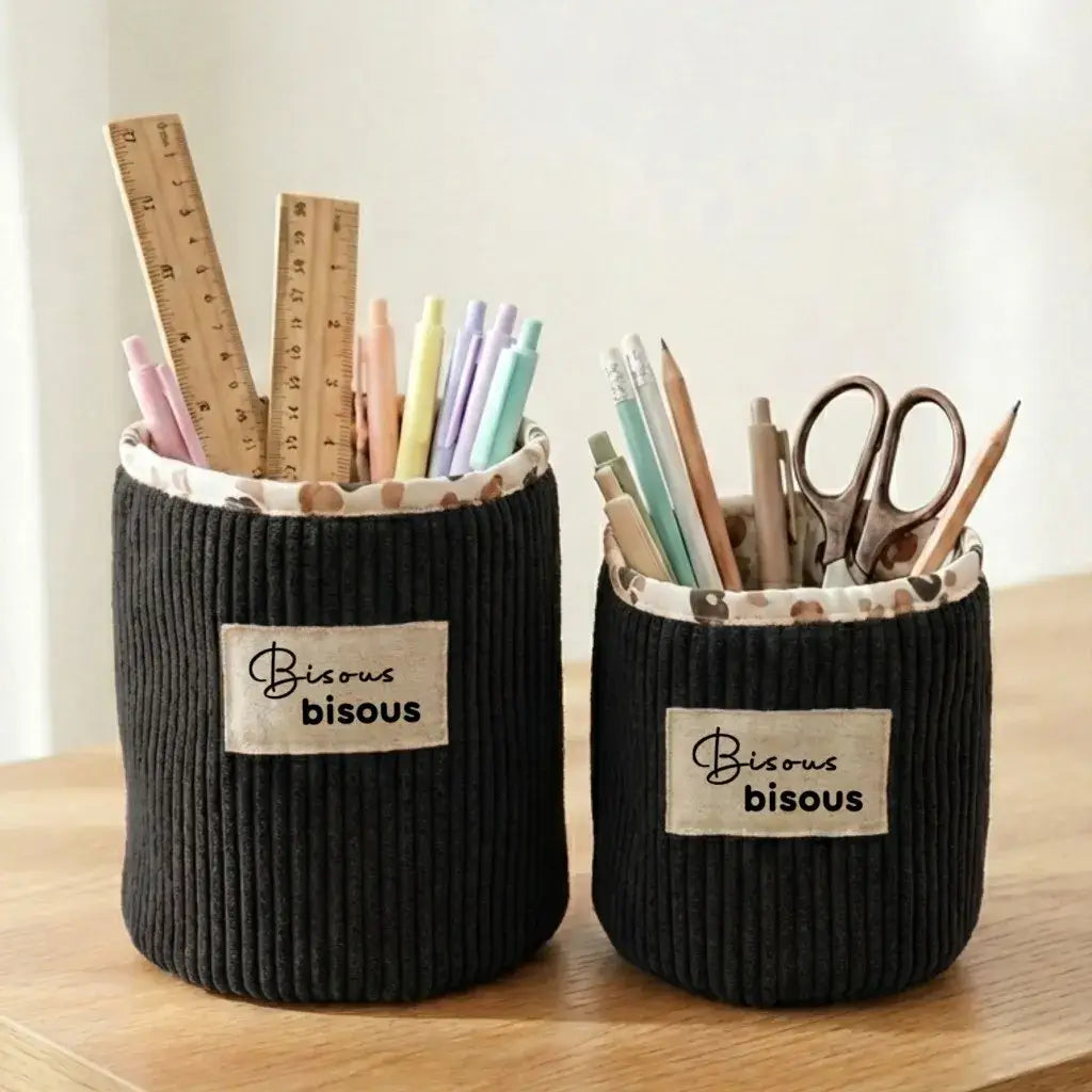 Panier de rangement rond en velours côtelé noir personnalisable pour organiser papeterie et accessoires de bureau