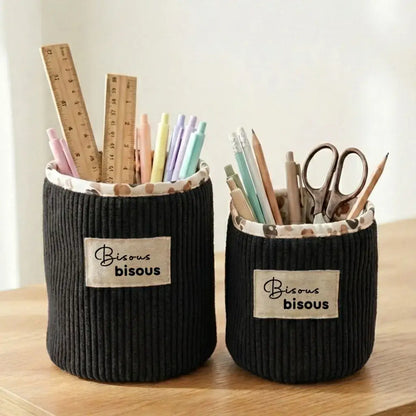Panier de rangement rond en velours côtelé noir personnalisable pour organiser papeterie et accessoires de bureau